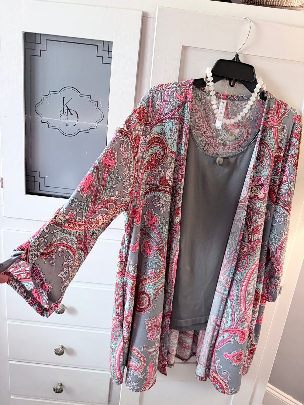 Dear Scarlett Paisley Open Front Jacket in Gray, Pink, Teal, with pockets